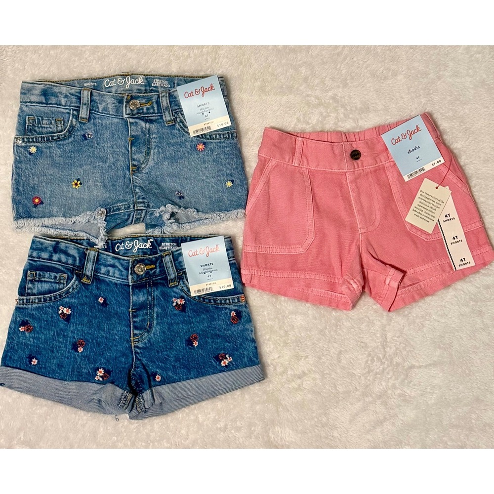 3pc Toddler Girls Shorts Lot 4T, Denim, Red & Pink Twill